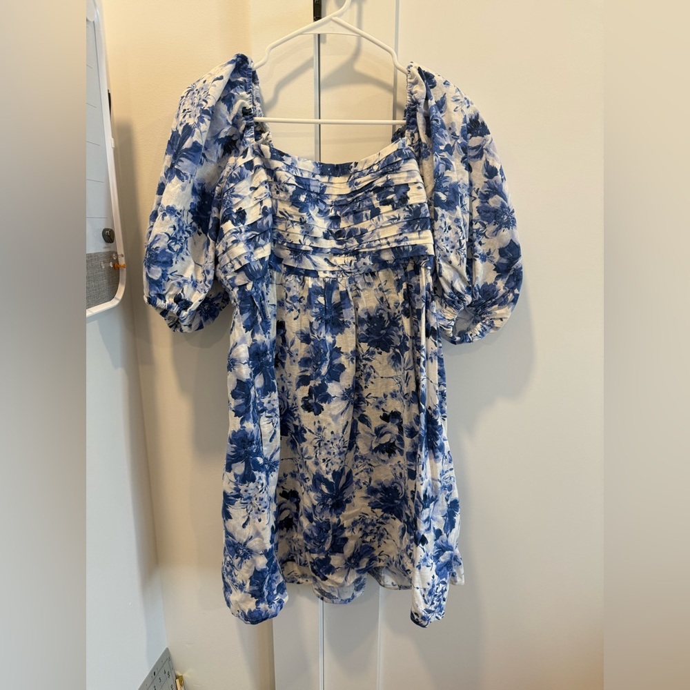Blue Floral Puff-Sleeve Women's Dress - Brand Unknown